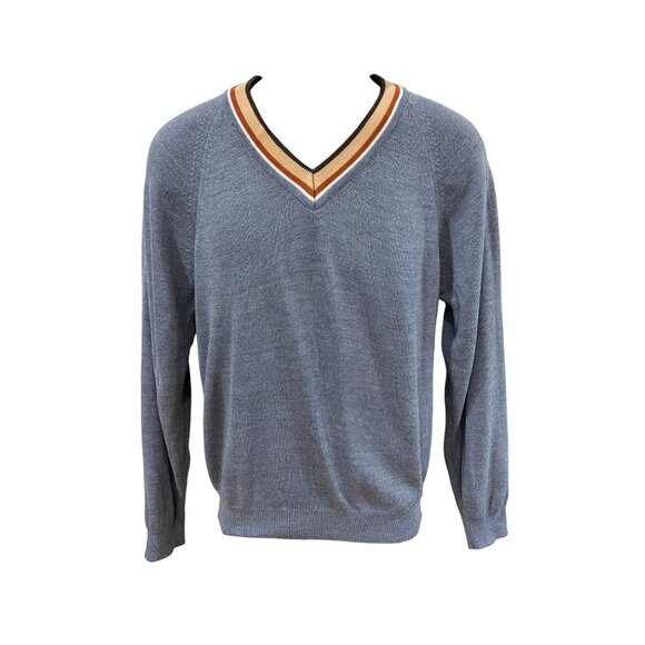 Vintage Bike Gray V-Neck Sweater With Striped Collar Men’s Size Small - Picture 2 of 8